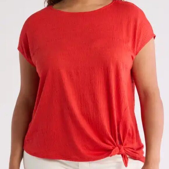Max Studio Top Size 3X Red Side-Tie Knot Crinkle Knit Short Sleeve Blouse NWT - Picture 1 of 14